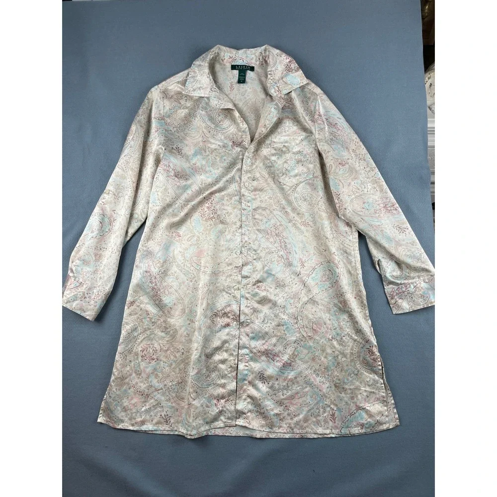 Lauren Ralph Lauren Paisley Nightgown Coquette Grandmacore Satin Pink Blue M - Picture 1 of 7